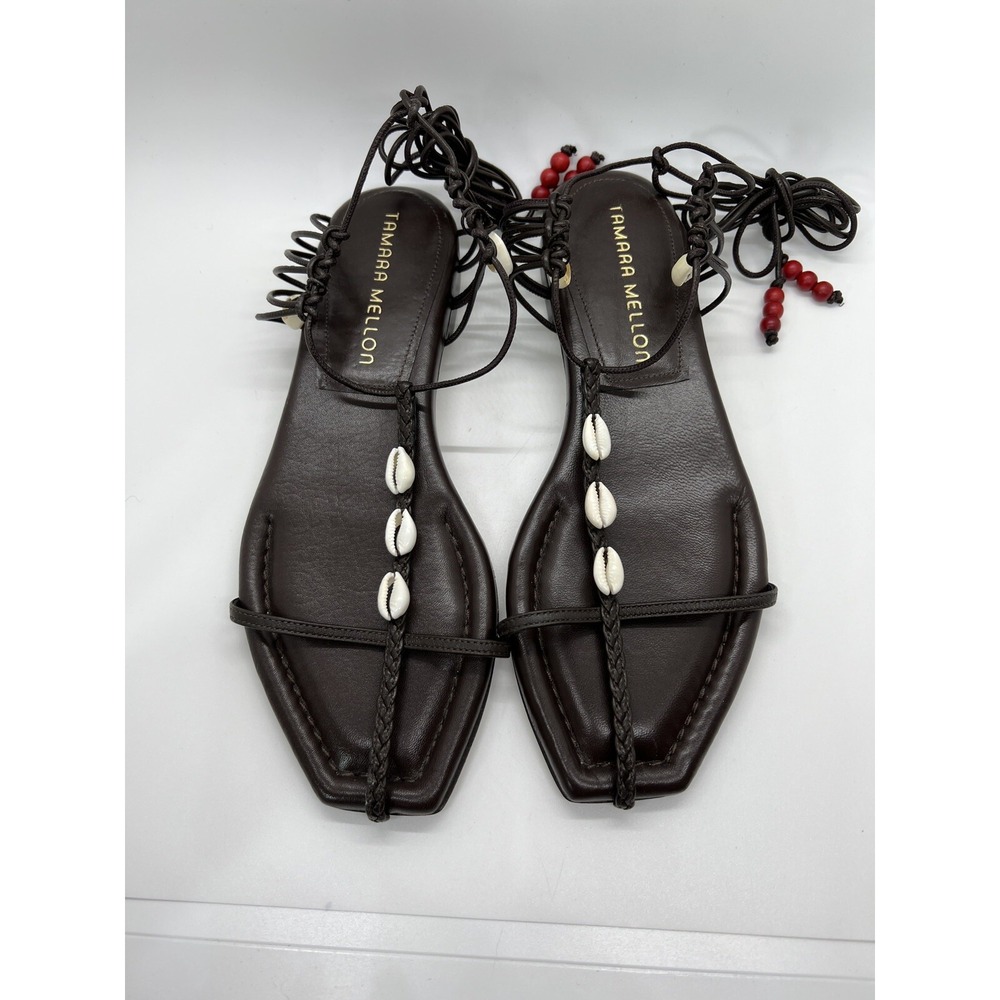 Tamara Mellon Sandal Flat Brown Leather Gladiator Lace Up Boho Resort Wear Sz 36